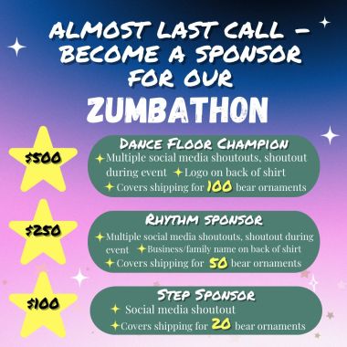 BECOME A SPONSOR for our Zumbathon on May 1st!! I’ll be closing sponsorships soon so I can get our tshirt designs and signage all wrapped up! Check out our sponsorship levels and please consider sponsoring today!!! Drop a ❤️ if you’d like the link to become a sponsor!!