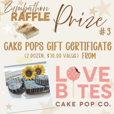 Prize drop! Are you coming to snag tickets for this one?! Love Bites Cake Pop Co (my bfffffff) has donated a $70 gift certificate for her sweet treats! 🍰 who’s gonna win this one?! Come to the Zumbathon and have your shot to win!