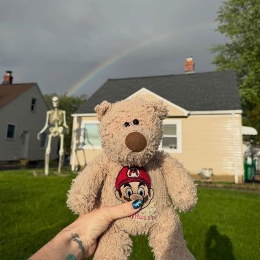 Hi sweet boy 🌈🧸 I was snuggling with my rainbow Nathan, my pot of gold Delilah, and Teddy on the couch. I peeked outside and thought maaaaybe there was a rainbow. Sure enough 🥰
