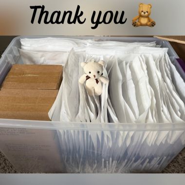 This isn’t just a bin - this holds 5,000 shipping labels and 5,000 organza bags to hold our tiny bears. Thank you doesn’t feel like enough, but saying it anyways. This means the WORLD. 

Amazon didn’t give me slips for ANY of the packages I got over the last few days - so if you sent something - thank you! (We got string too! Just not in this pic!). 

Thank you for supporting this mama’s little mission and helping me send a tiny little teddy bear hug to other families like ours. Thank you thank you thank you. 

With love and giant teddy bear hugs,
xo Teddy’s Mama