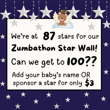 Help us get to 100!! Or MORE?! Help us fill our star wall at the Zumbathon!! This will be filled with the names of sweet babies gone too soon - so our dancers can see who they are dancing in honor of! 

Want to grab or sponsor a star? Comment “STAR” and I’ll send you the 🔗! (Also still time to grab a sponsor spot before we close them out! )

#zumbathon #nonprofit #atouchofteddy